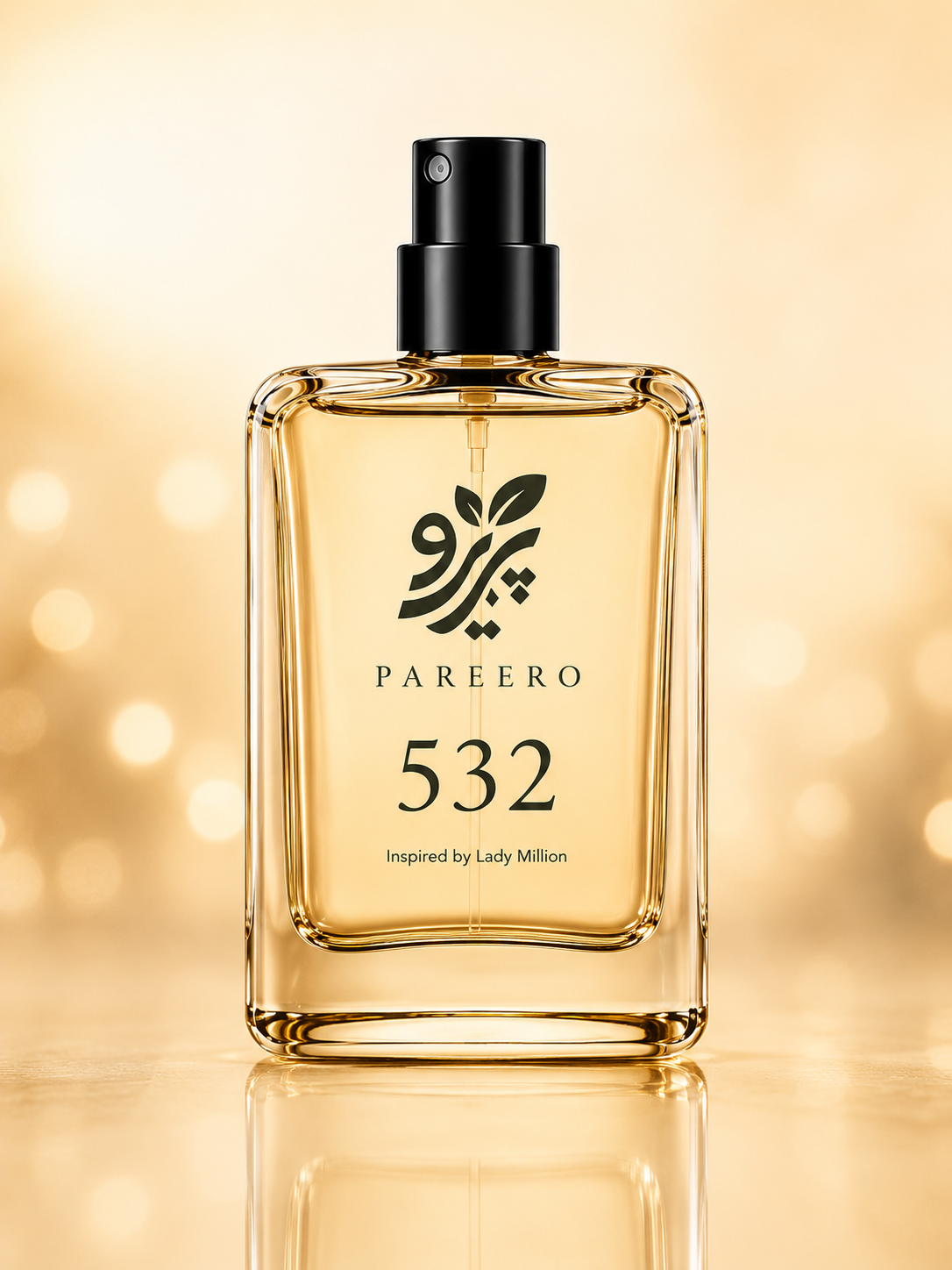 Front-facing PAREERO 532 Lady Million inspired fragrance on a clean golden background