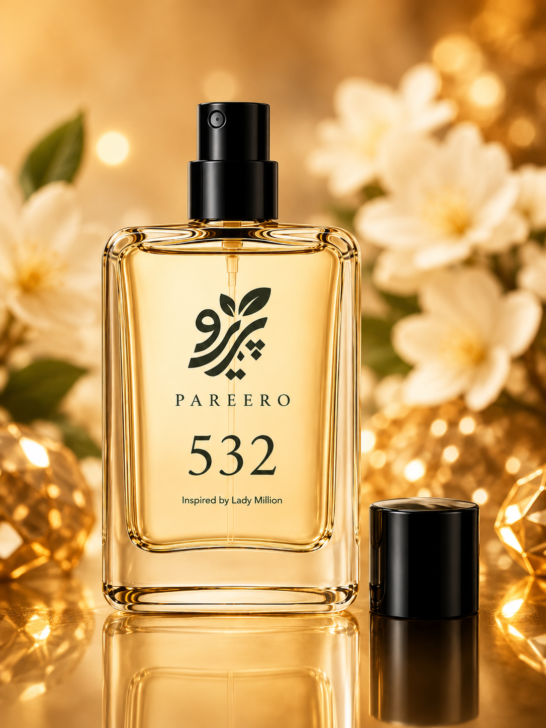 PAREERO 532 fragrance with golden crystal accents, white flowers and cap detail