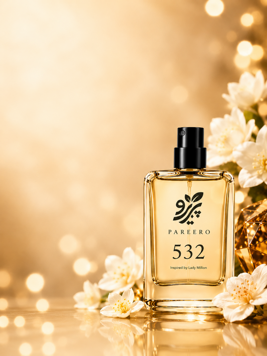 PAREERO 532 Lady Million inspired fragrance in a luminous golden floral campaign setting