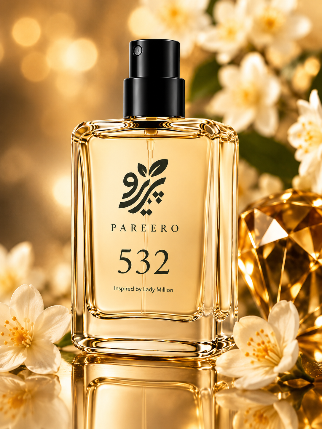 PAREERO 532 Lady Million inspired fragrance with white jasmine flowers and golden crystal light