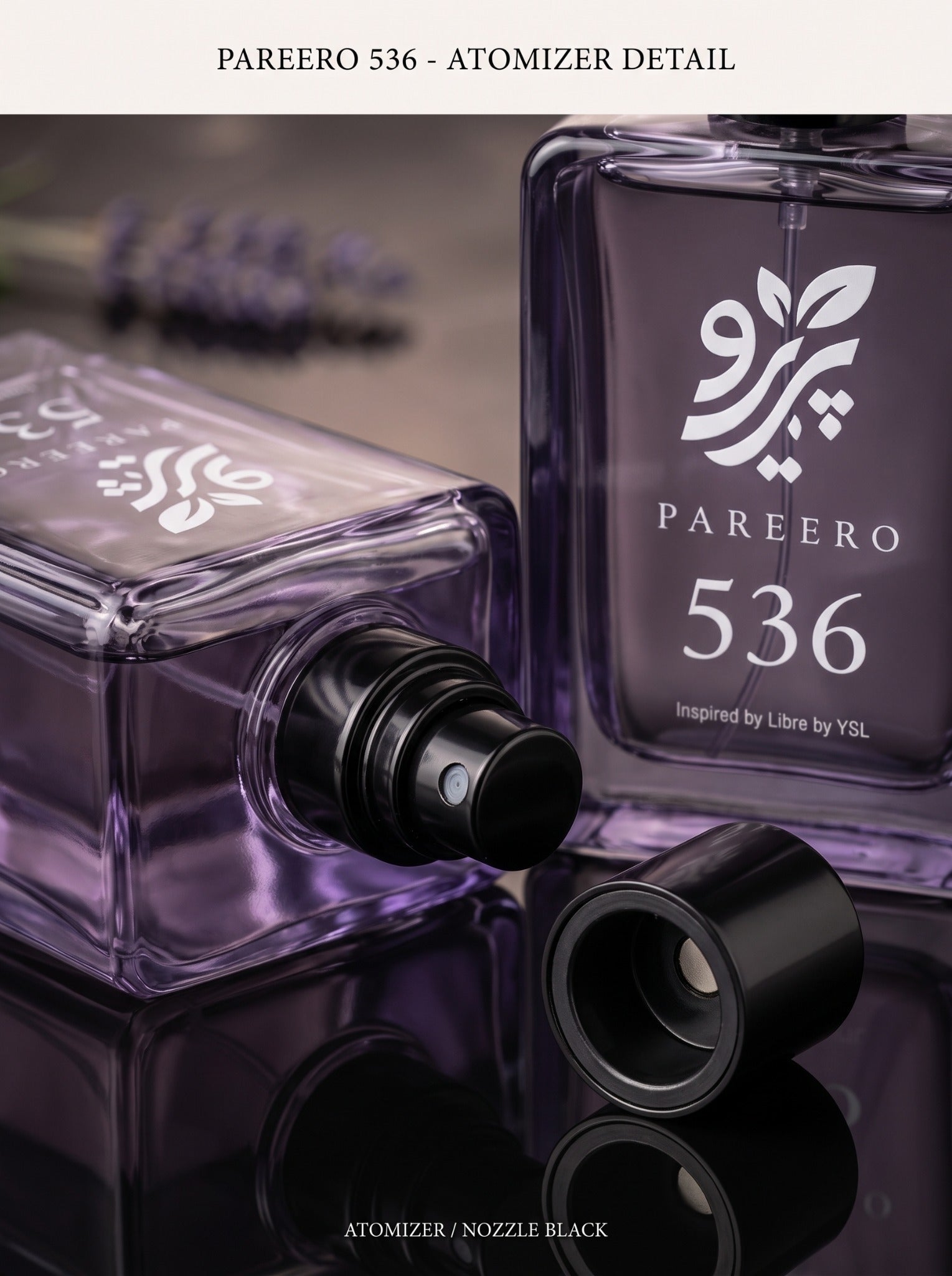 Detailed view of the black atomizer and cap for PAREERO 536 Libre-inspired fragrance