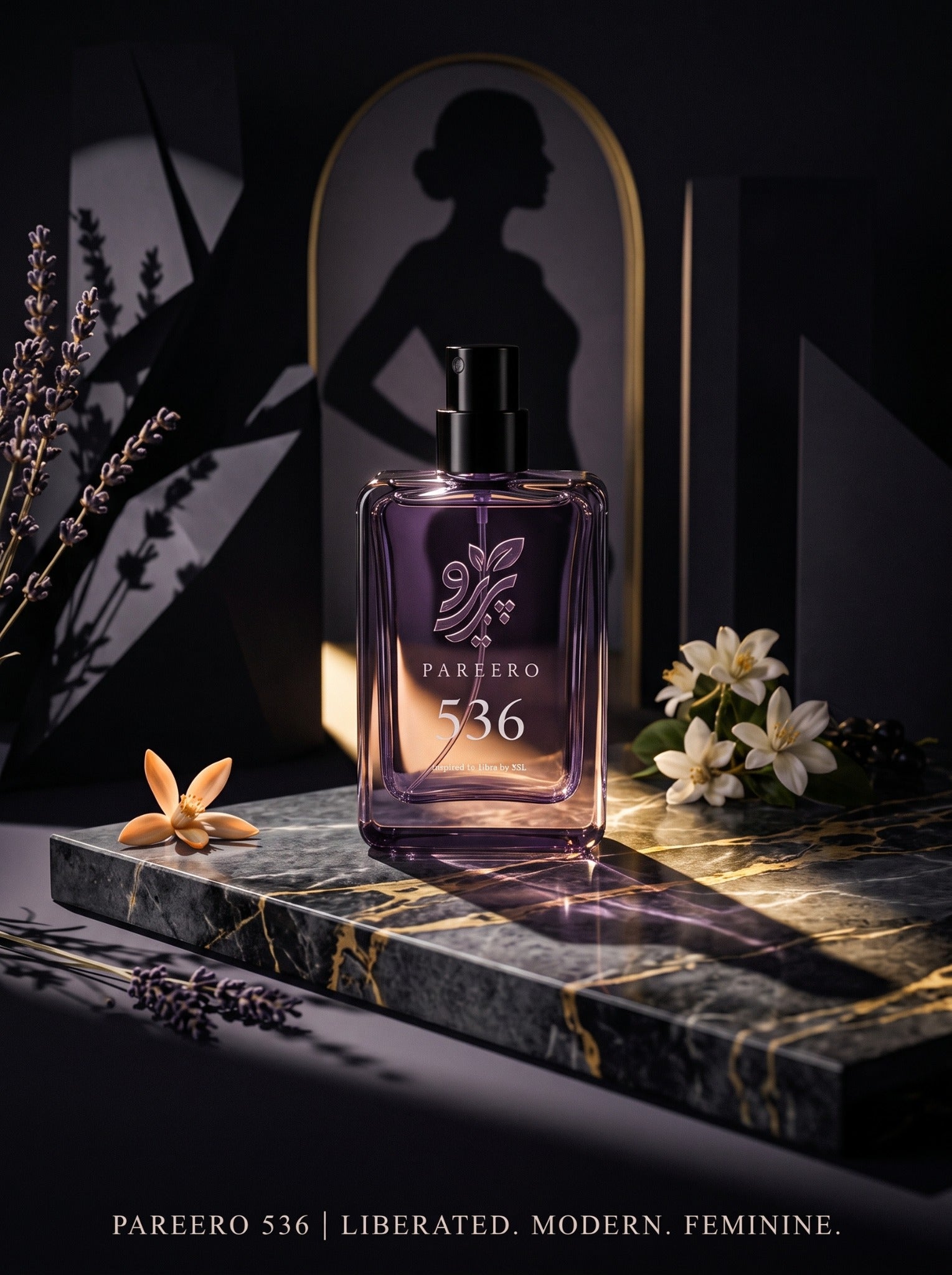 Editorial PAREERO 536 Libre-inspired fragrance campaign with lavender, white florals and dramatic shadows