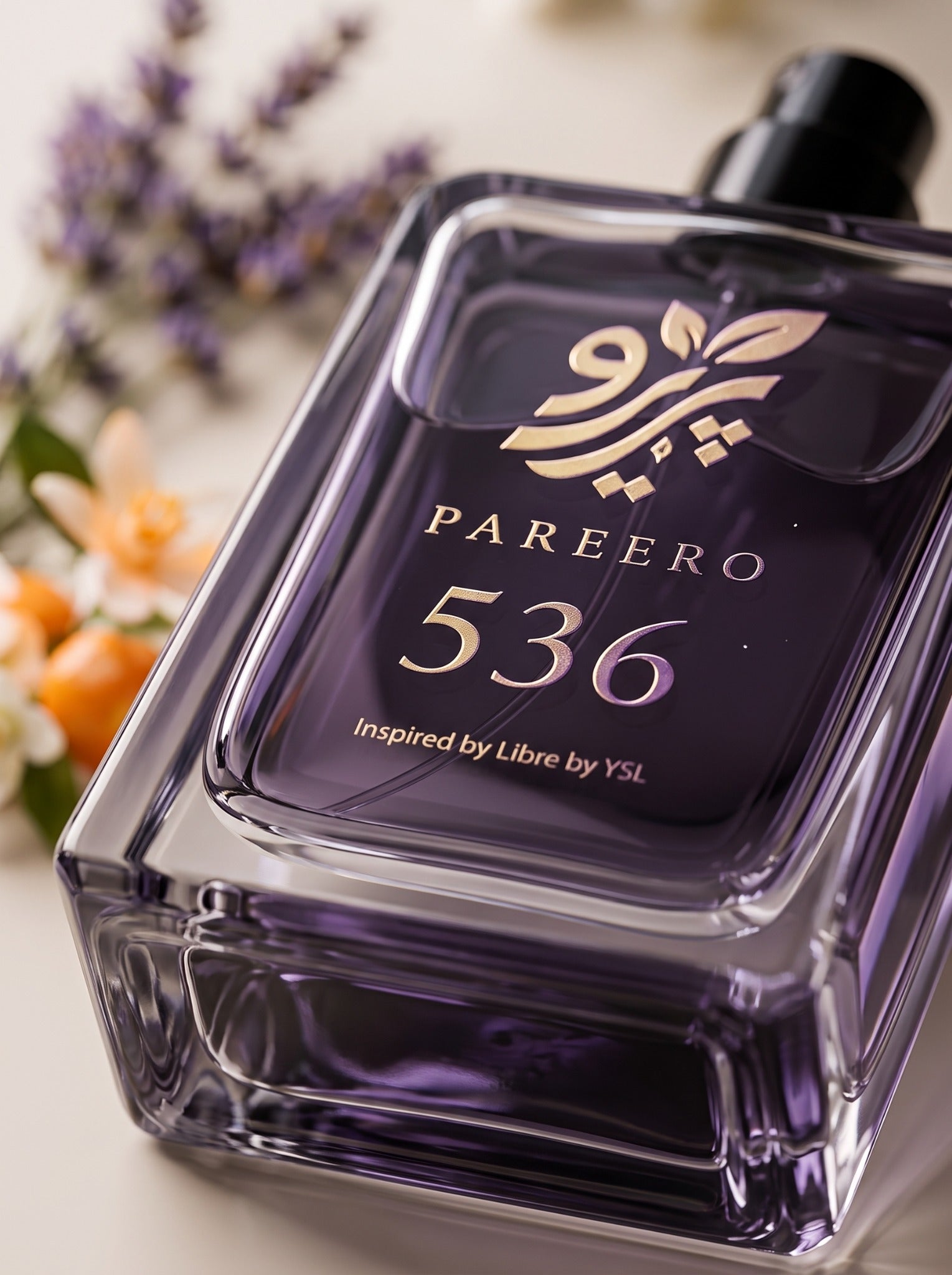 Macro label and purple glass detail of PAREERO 536 Libre-inspired fragrance