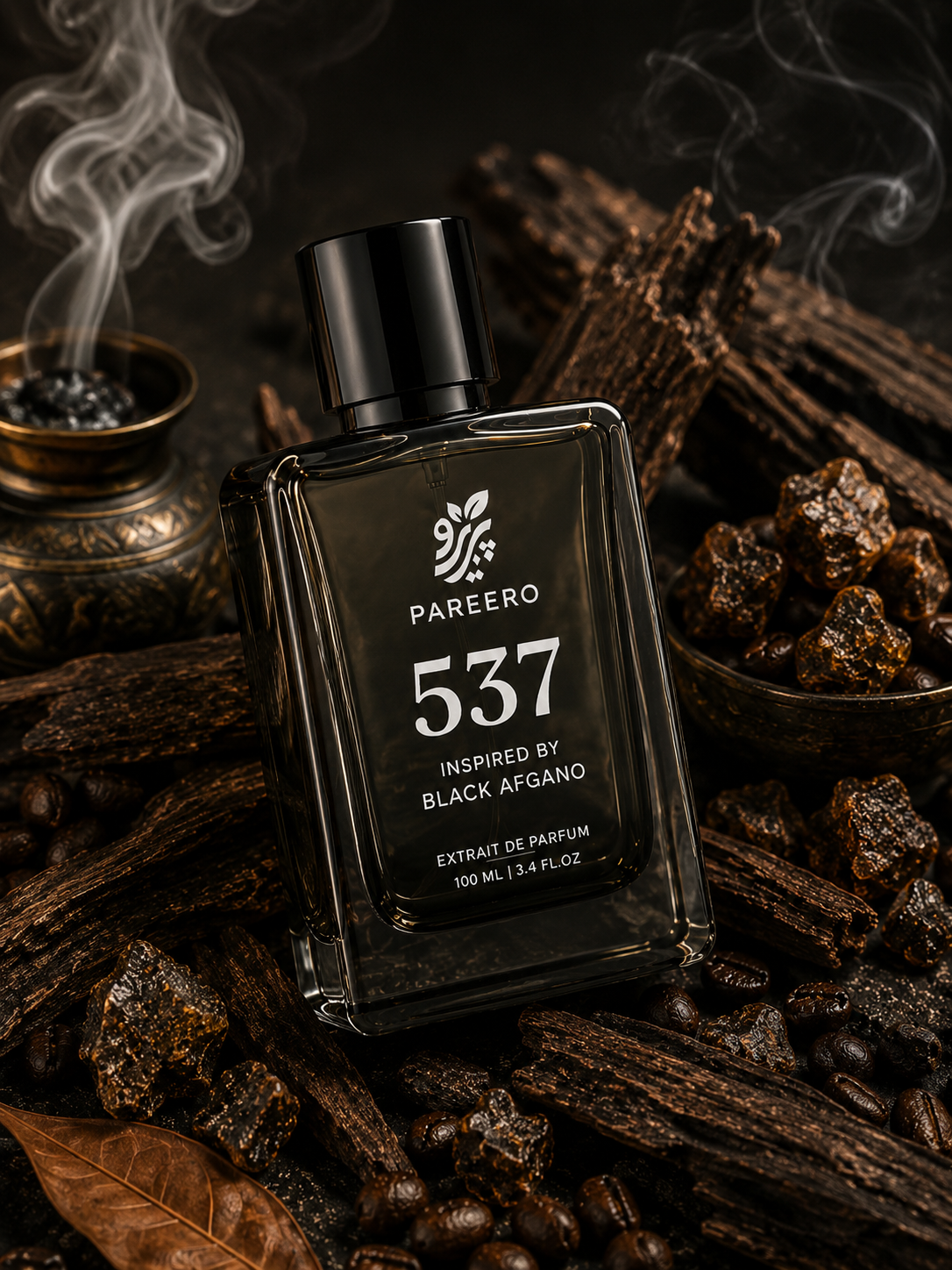 Angled Pareero 537 Inspired by Black Afgano perfume among oud wood, coffee, resin and incense smoke
