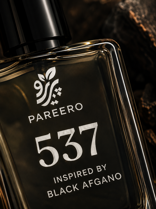 Close-up label detail of Pareero 537 Inspired by Black Afgano perfume bottle