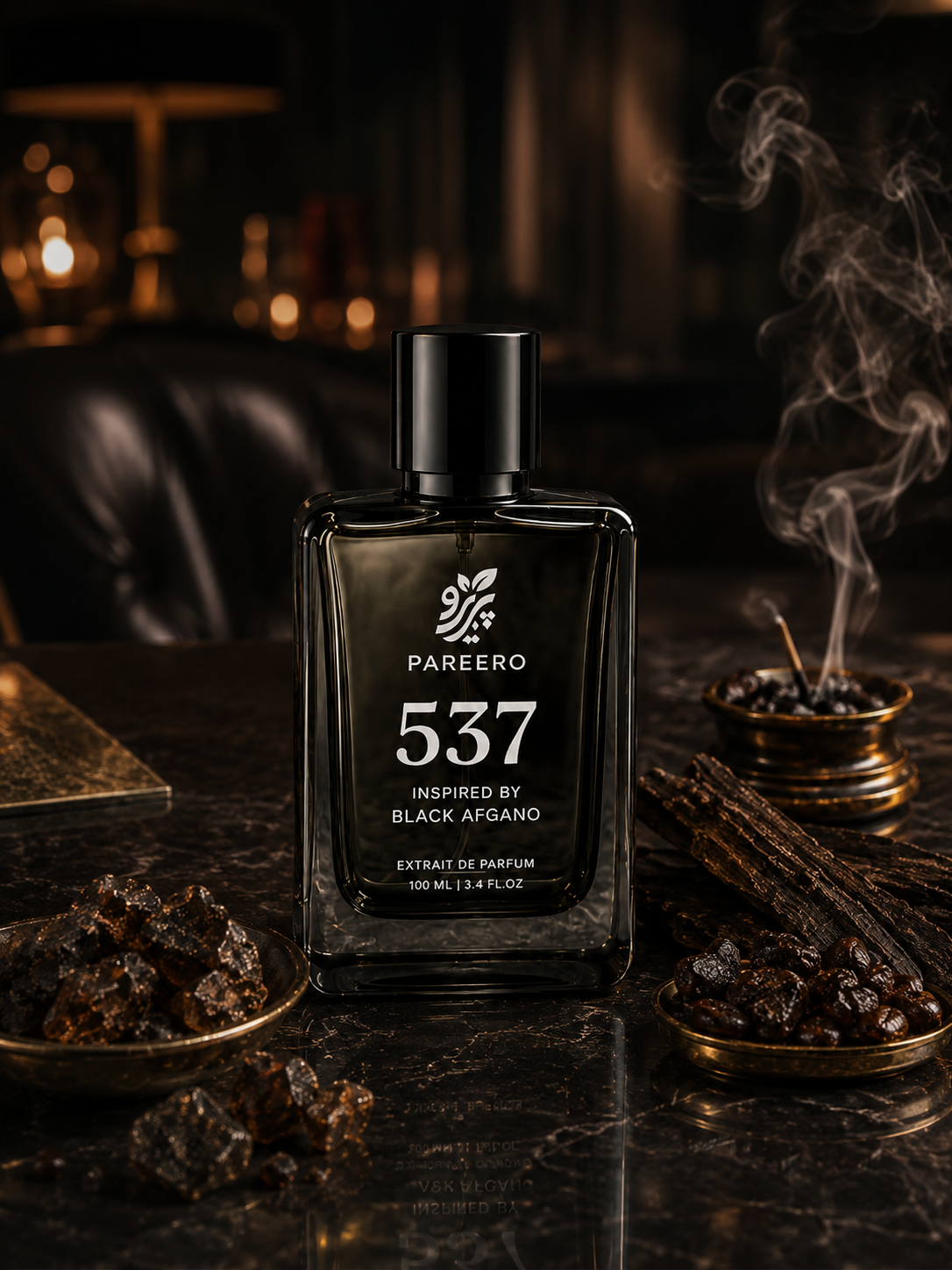 Pareero 537 Inspired by Black Afgano perfume in a dark smoky luxury lounge setting