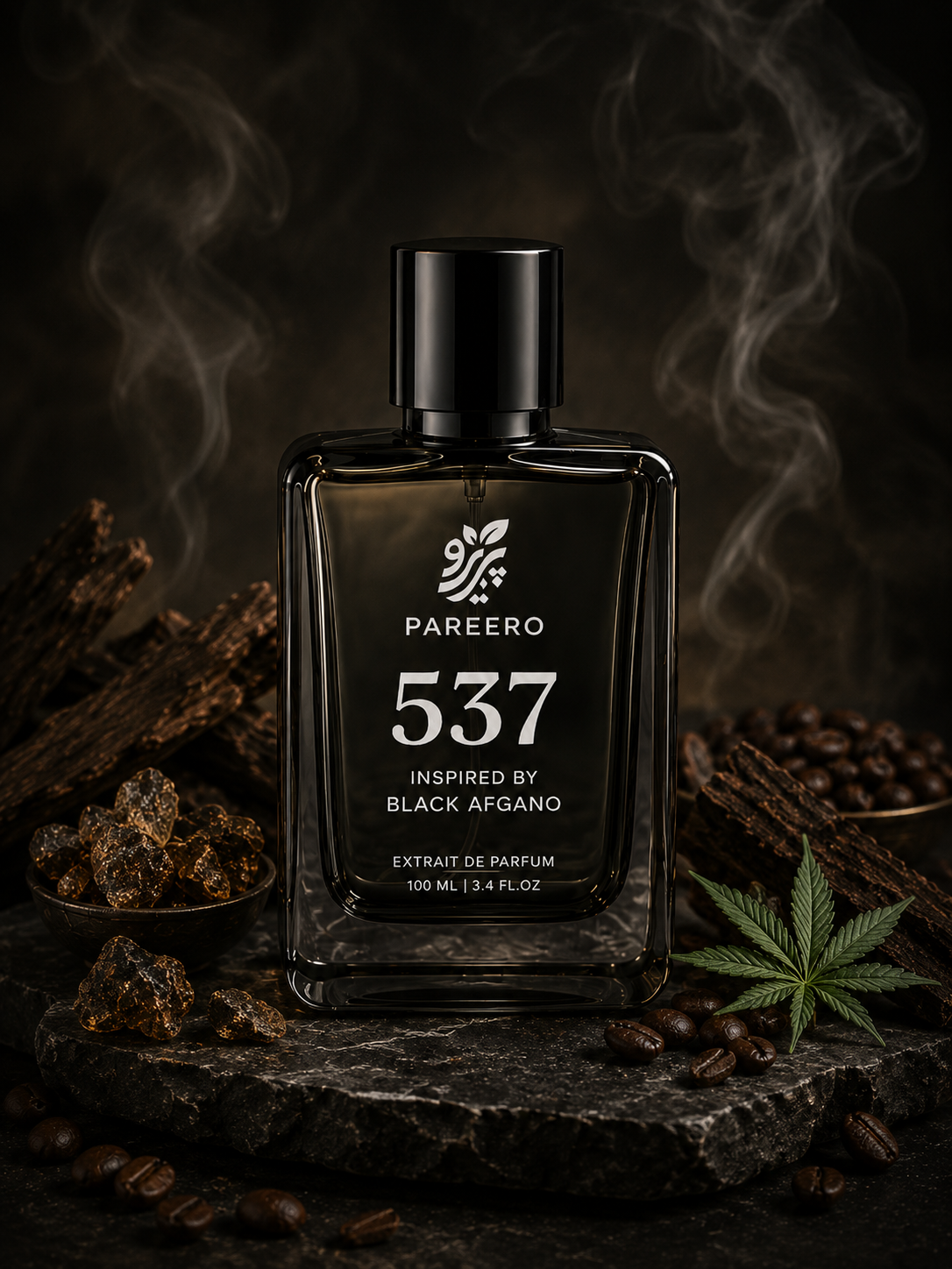 Pareero 537 Inspired by Black Afgano perfume hero with smoke, dark resin, coffee and cannabis leaf