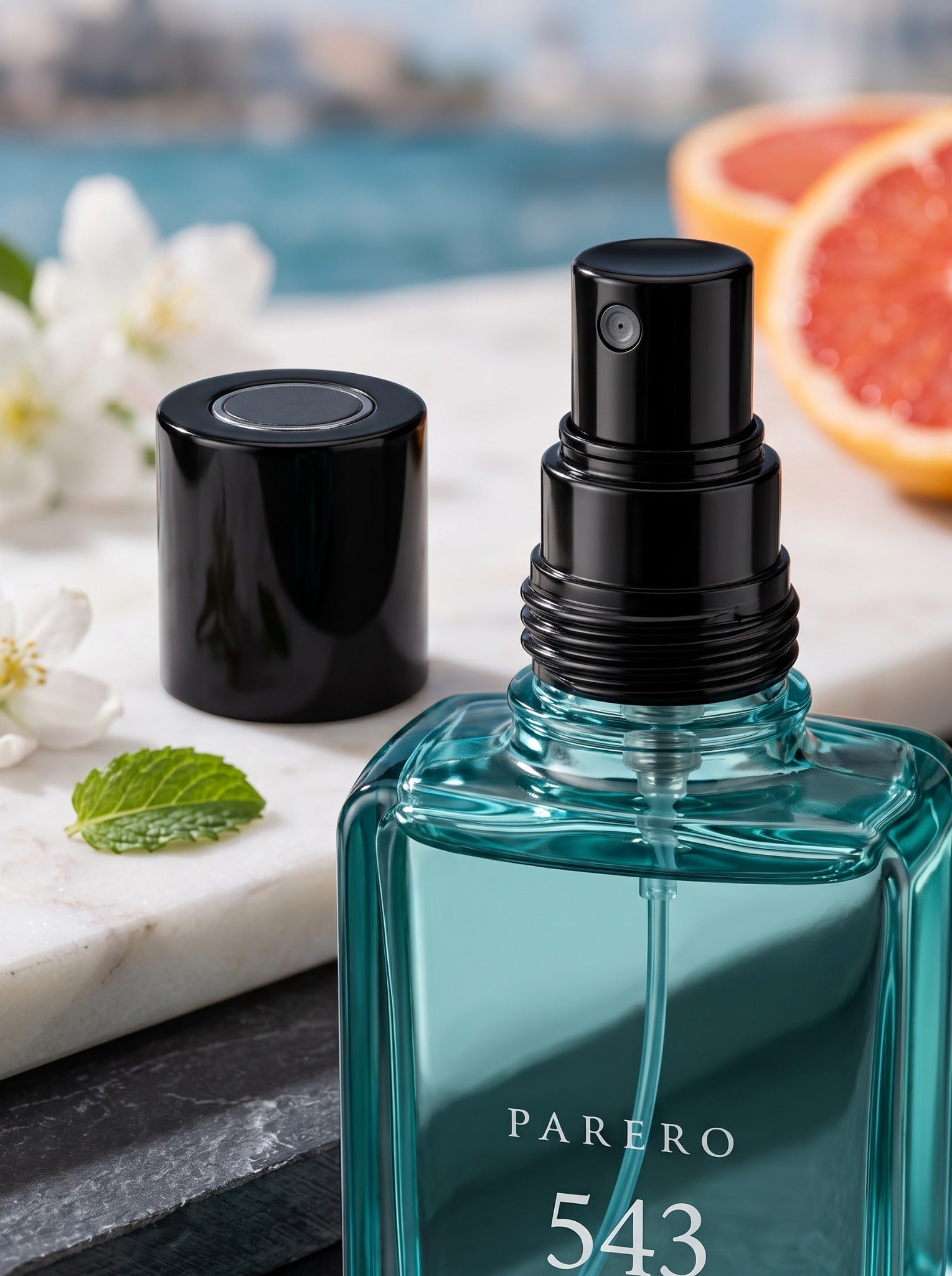 Atomizer and cap detail of PAREERO 543 Tommy Girl-inspired fragrance with citrus and mint styling