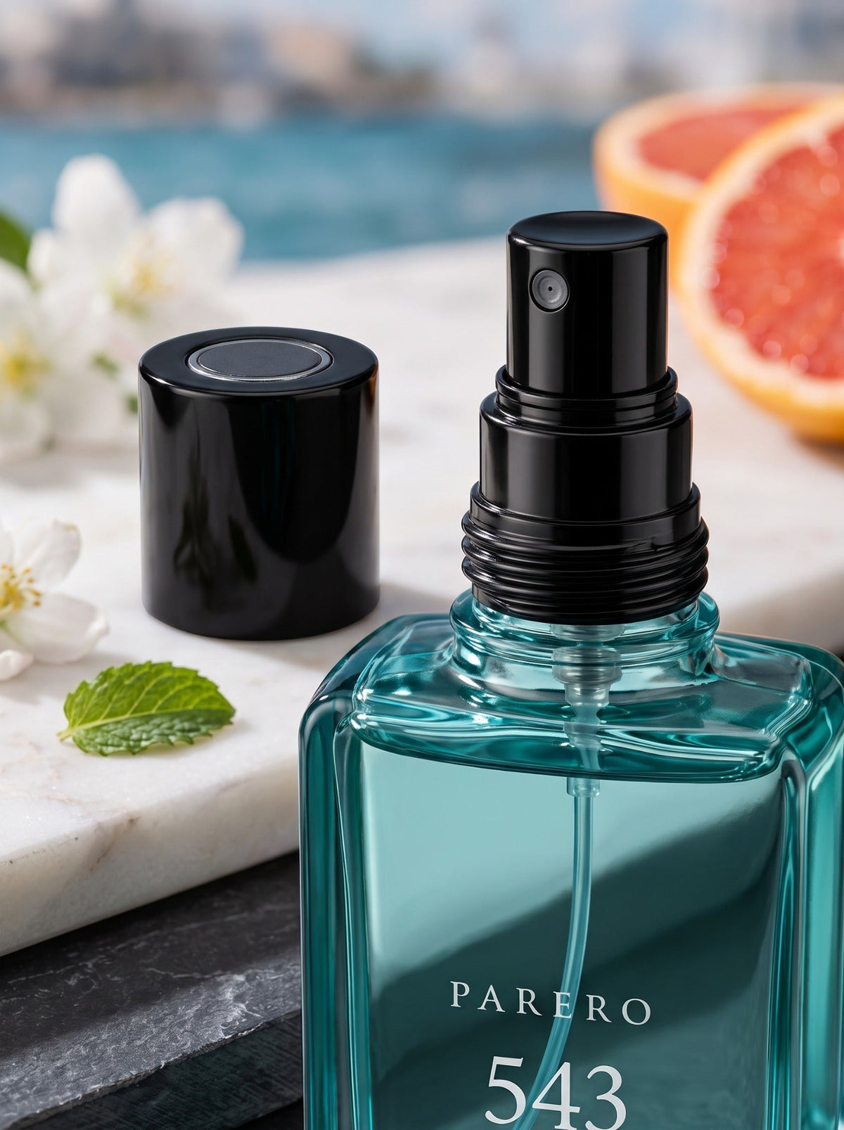 Atomizer and cap detail of PAREERO 543 Tommy Girl-inspired fragrance with citrus and mint styling