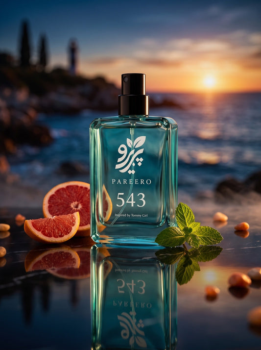 PAREERO 543 Tommy Girl-inspired fragrance with grapefruit and mint at a coastal sunset