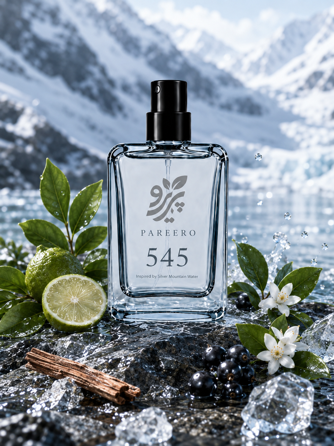 PAREERO 545 Silver Mountain Water inspired fragrance with lime, blackcurrant, white flowers, green leaves, wood and ice in an alpine setting
