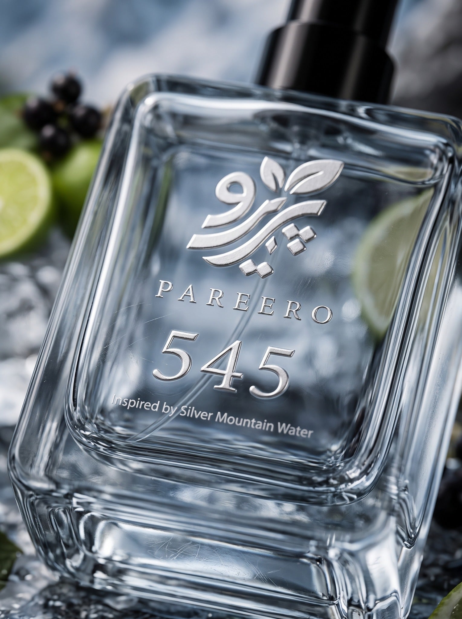 Macro detail of the PAREERO 545 Silver Mountain Water inspired fragrance logo, number and glass bottle