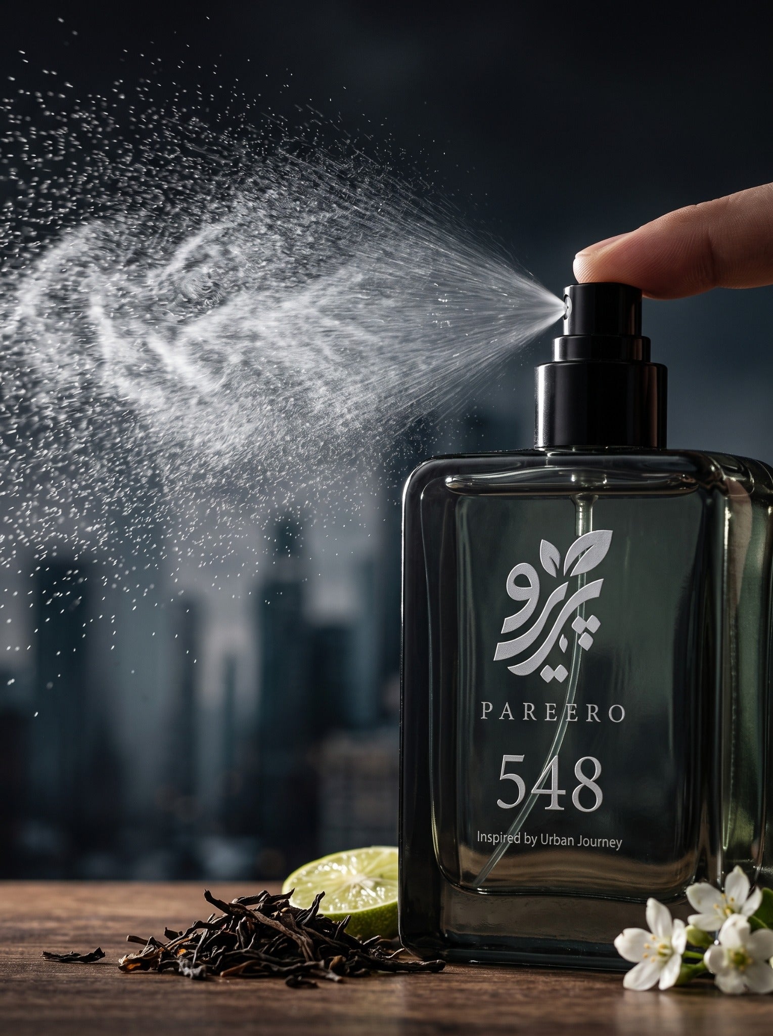 PAREERO 548 Urban Journey fragrance spraying a fine mist with lime, tea leaves and white blossoms