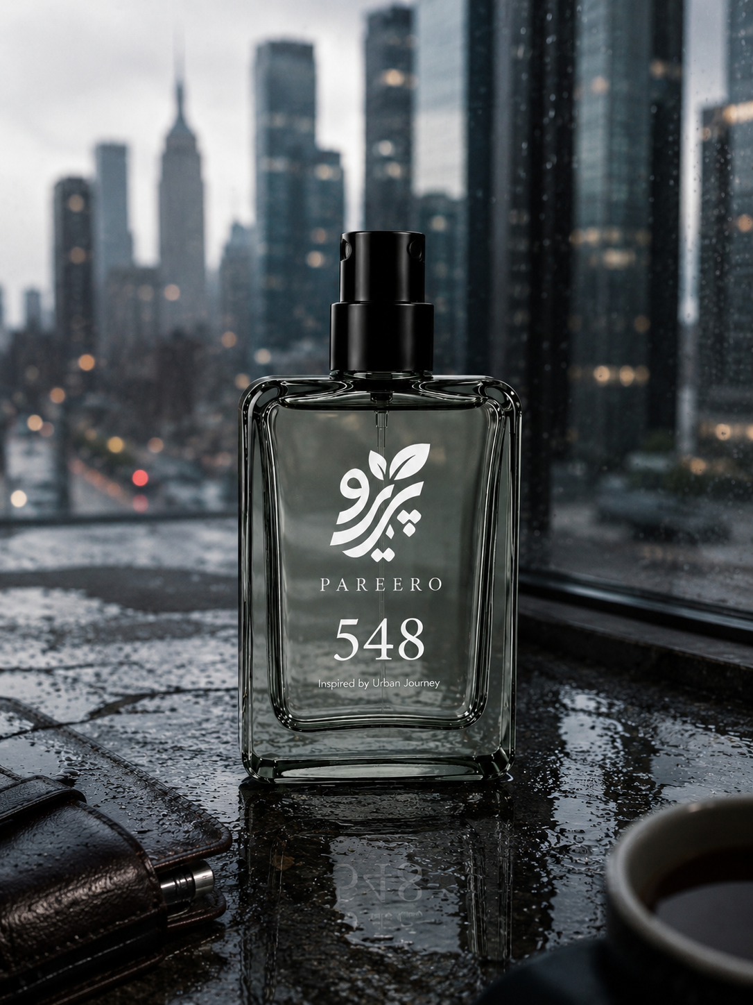 PAREERO 548 Urban Journey fragrance bottle on a rain-covered surface overlooking a modern city skyline