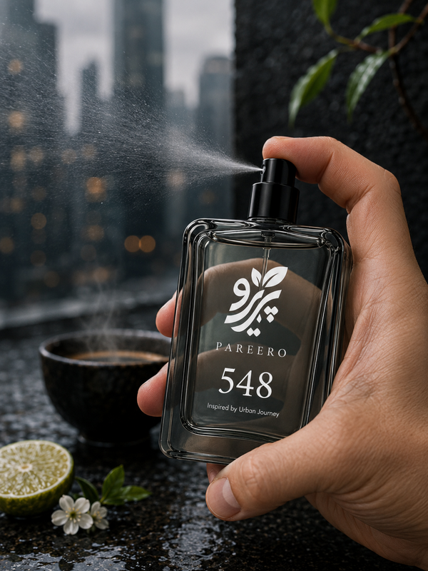 Hand spraying PAREERO 548 Urban Journey fragrance against a rainy city skyline