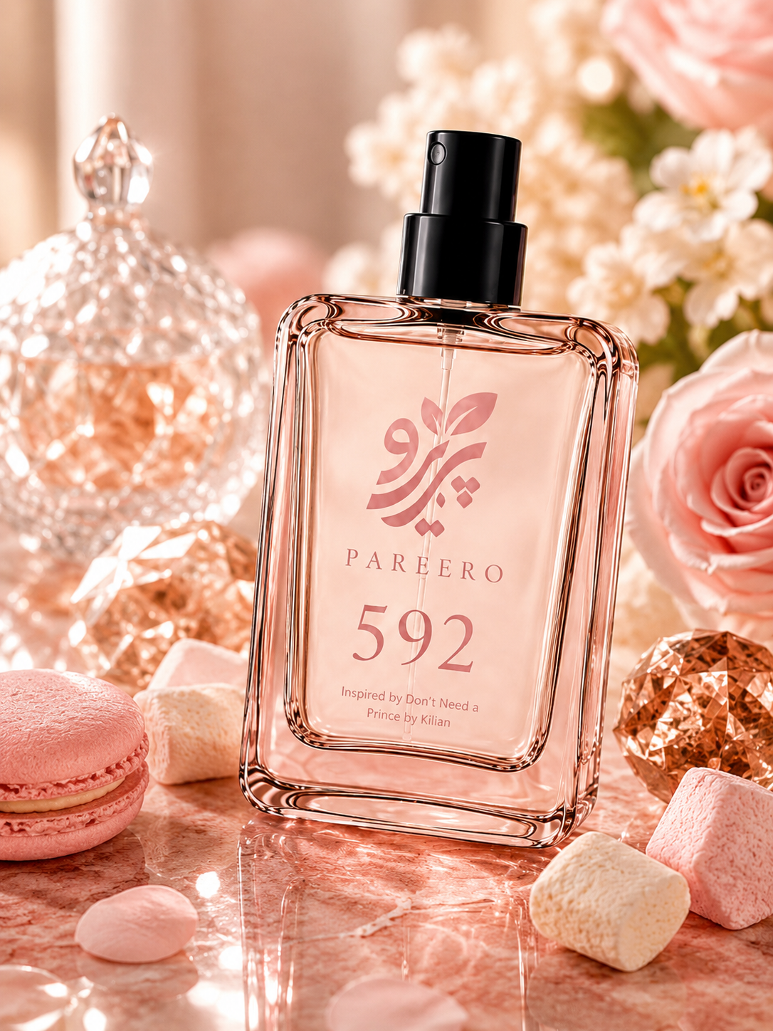 PAREERO 592 fragrance bottle with roses, crystal vessels, macarons and marshmallows
