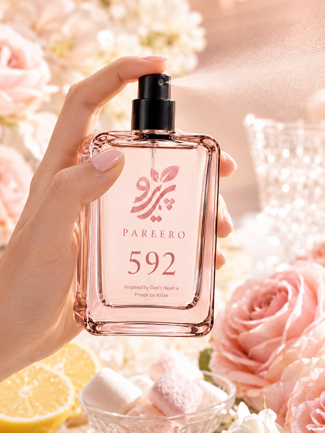 Hand spraying PAREERO 592 fragrance among roses, blossoms, lemon and marshmallows
