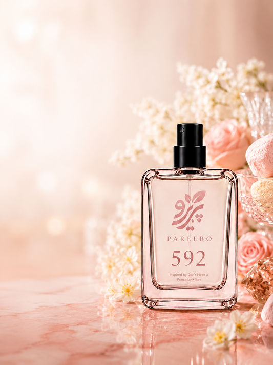 PAREERO 592 fragrance bottle in a soft blush floral and gourmand setting