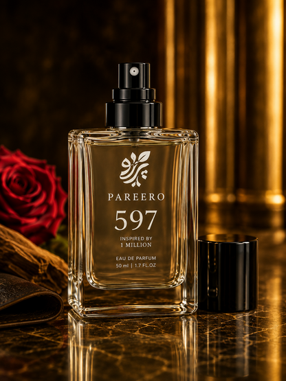 PAREERO 597 inspired by 1 Million hero fragrance image in a rich golden luxury setting