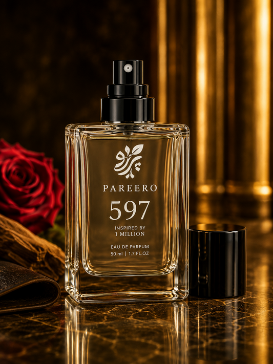 PAREERO 597 inspired by 1 Million hero fragrance image in a rich golden luxury setting
