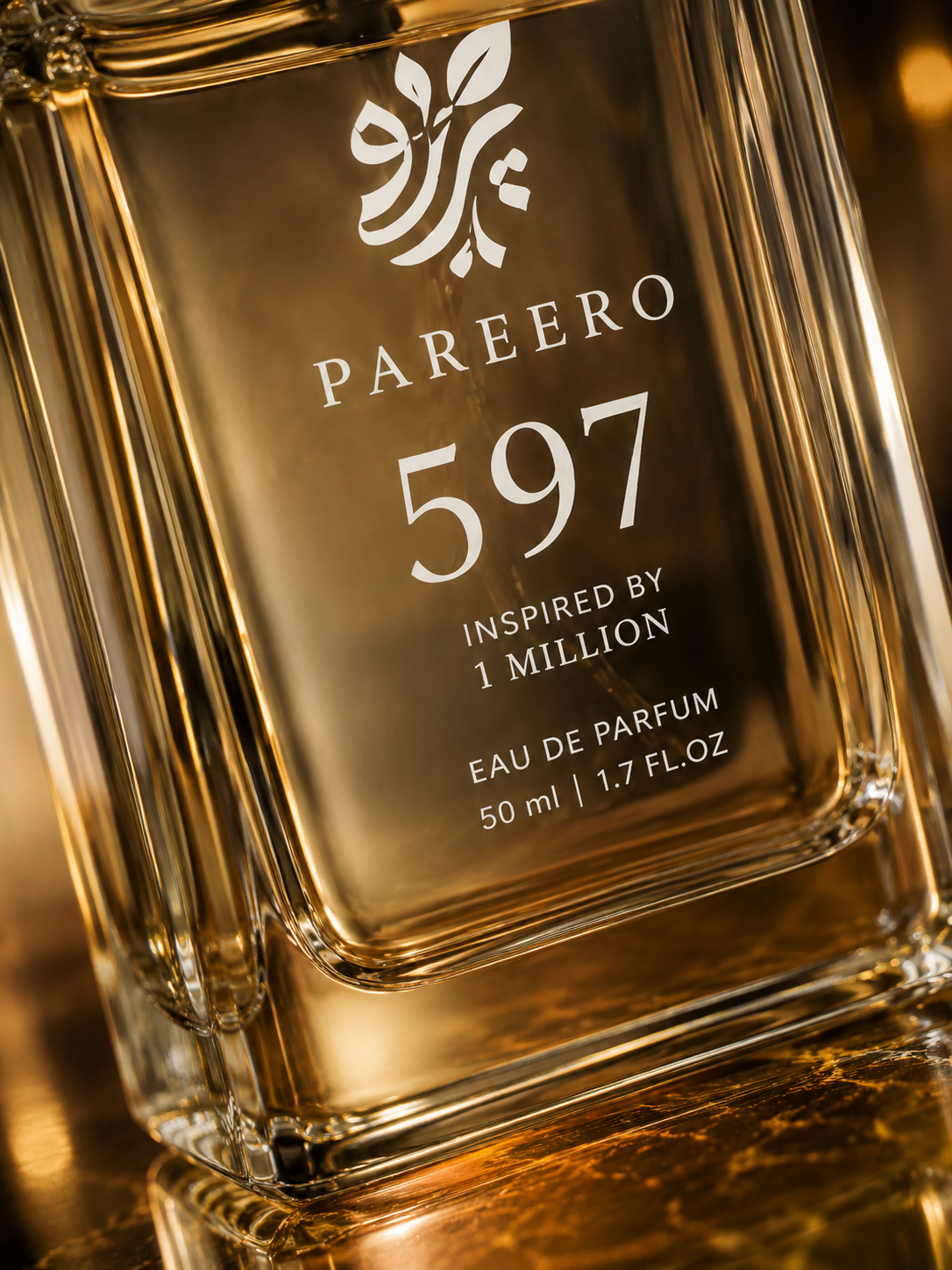 Macro detail of PAREERO 597 inspired by 1 Million bottle branding and golden fragrance glass