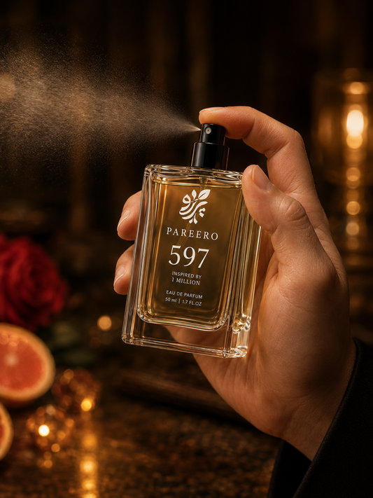 Hand spraying PAREERO 597 inspired by 1 Million in a warm amber luxury setting