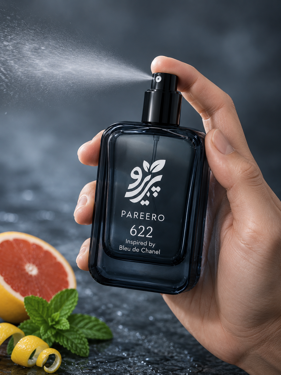 PAREERO 622 inspired by Bleu de Chanel fragrance spray action image with grapefruit mint and citrus notes