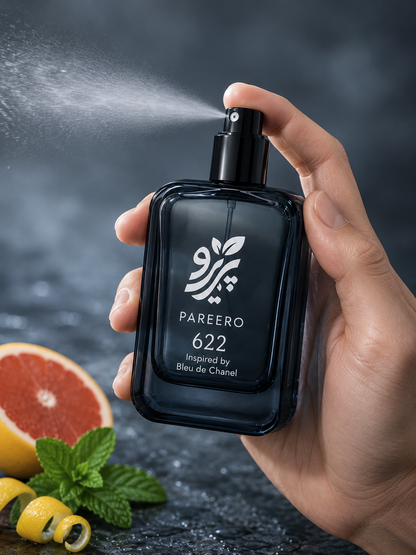 PAREERO 622 inspired by Bleu de Chanel fragrance spray action image with grapefruit mint and citrus notes