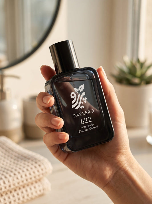 Hand holding PAREERO 622 inspired by Bleu de Chanel fragrance bottle in warm natural light