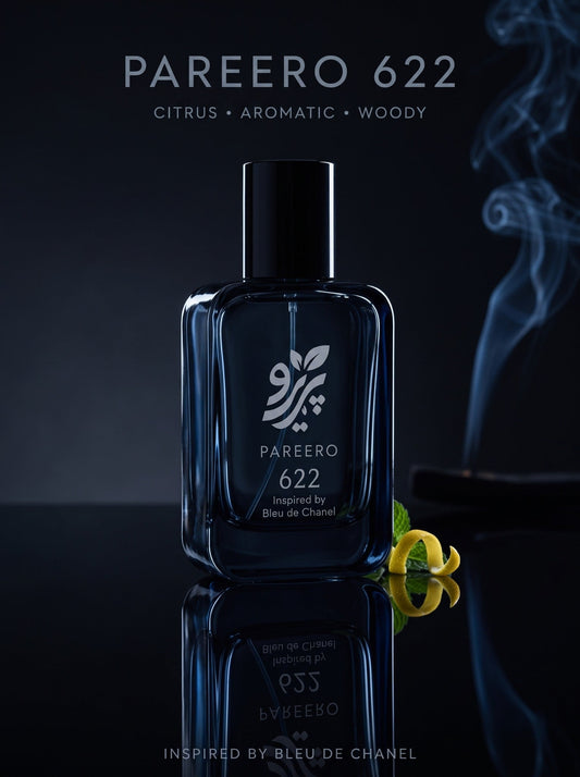 PAREERO 622 inspired by Bleu de Chanel hero fragrance image in a dark blue citrus aromatic woody setting