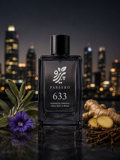 PAREERO 633 Valentino Uomo Born in Roma inspired fragrance bottle with sage, violet flower, ginger and vetiver against a modern city skyline
