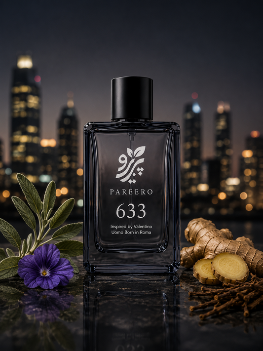 PAREERO 633 Valentino Uomo Born in Roma inspired fragrance bottle with sage, violet flower, ginger and vetiver against a modern city skyline