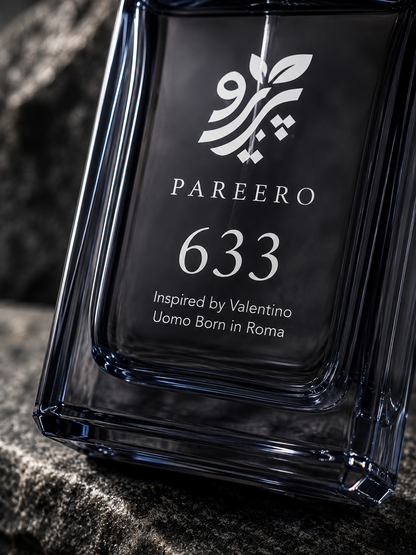 Macro detail of the PAREERO 633 Valentino Uomo Born in Roma inspired fragrance logo, number and dark glass bottle