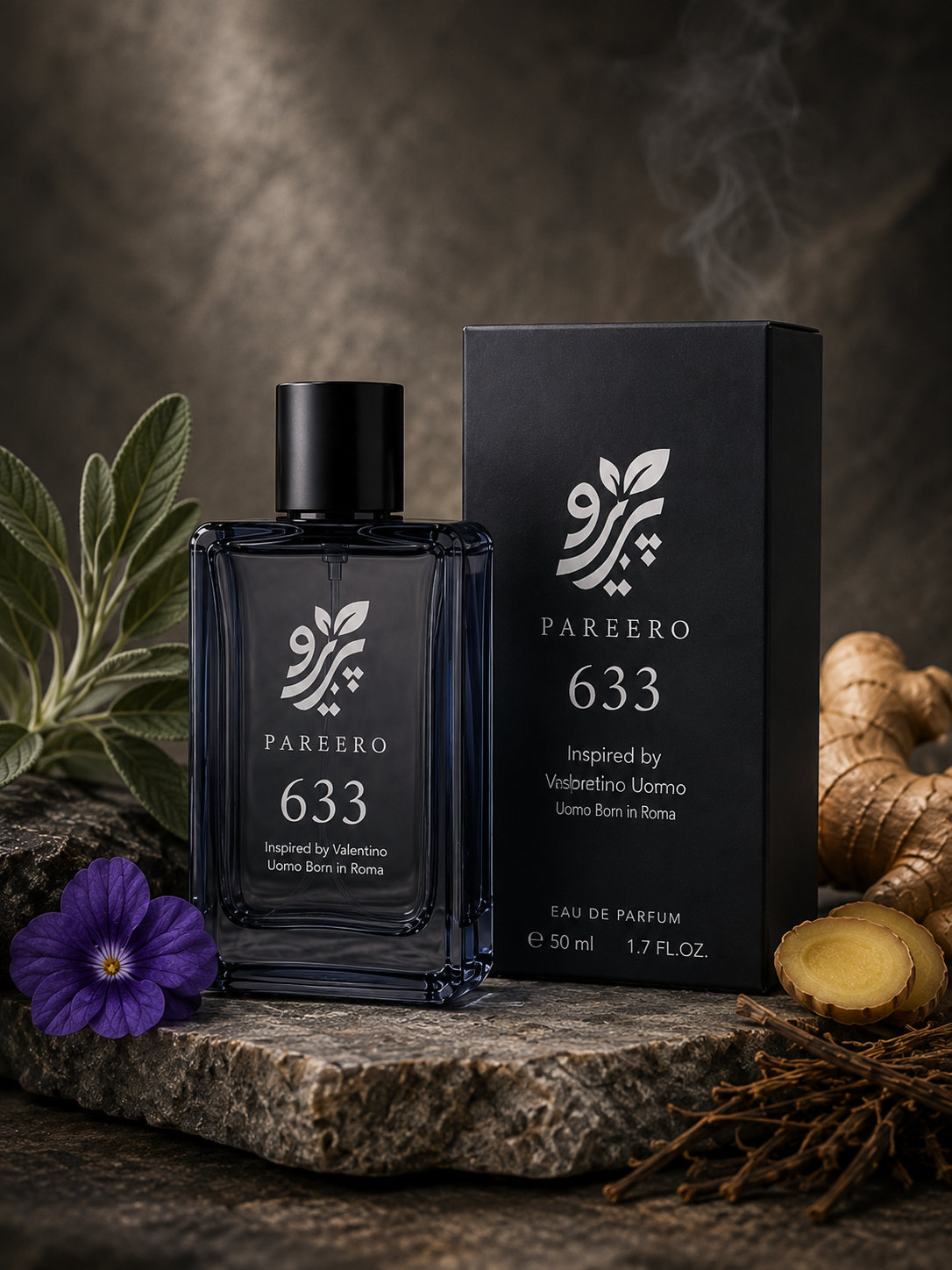 PAREERO 633 Valentino Uomo Born in Roma inspired fragrance displayed with its black presentation box, sage, violet flower, ginger and vetiver