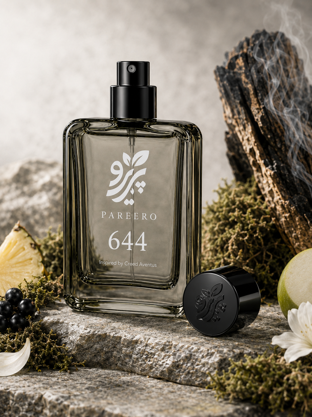 PAREERO 644 Creed Aventus inspired fragrance with embossed black cap, pineapple, green apple, blackcurrant, jasmine, moss and smoky wood