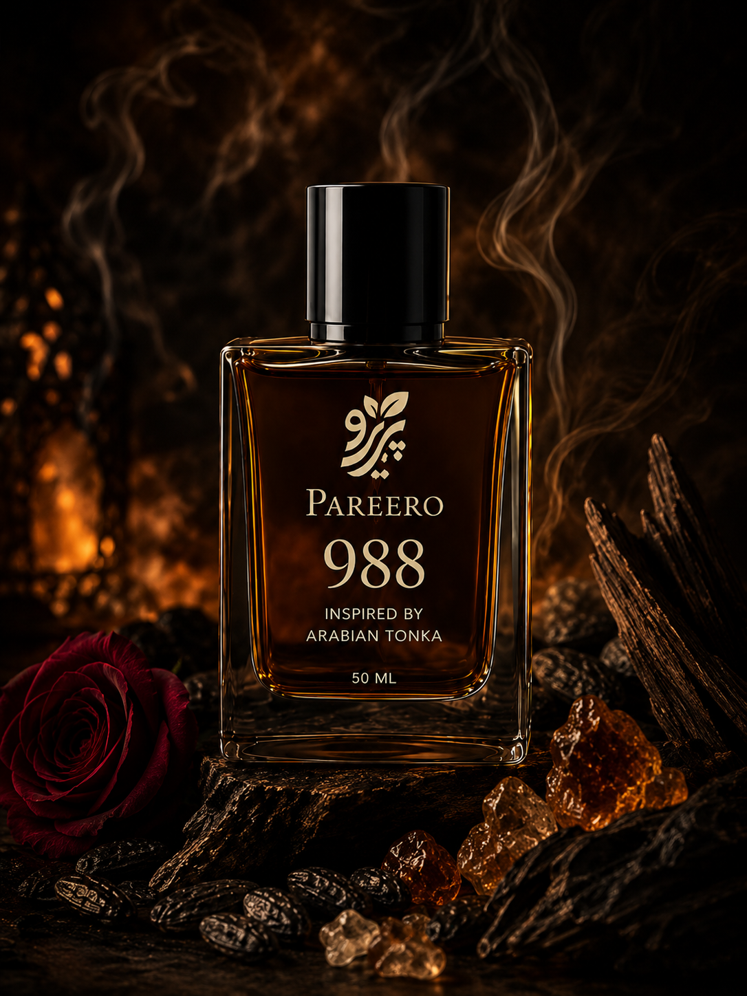 Pareero 988 Inspired by Arabian Tonka perfume in a dark smoky composition with rose, tonka beans, oud and amber resin