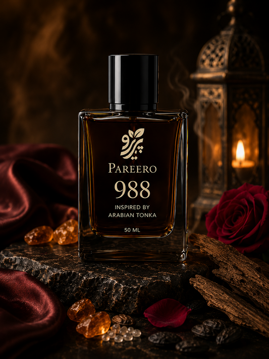Pareero 988 Inspired by Arabian Tonka perfume hero image with rose, oud wood, amber resin and lantern