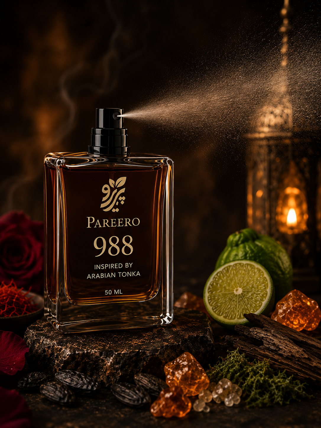 Pareero 988 Inspired by Arabian Tonka perfume spraying in a warm oriental setting