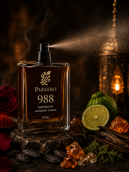 Pareero 988 Inspired by Arabian Tonka perfume spraying in a warm oriental setting