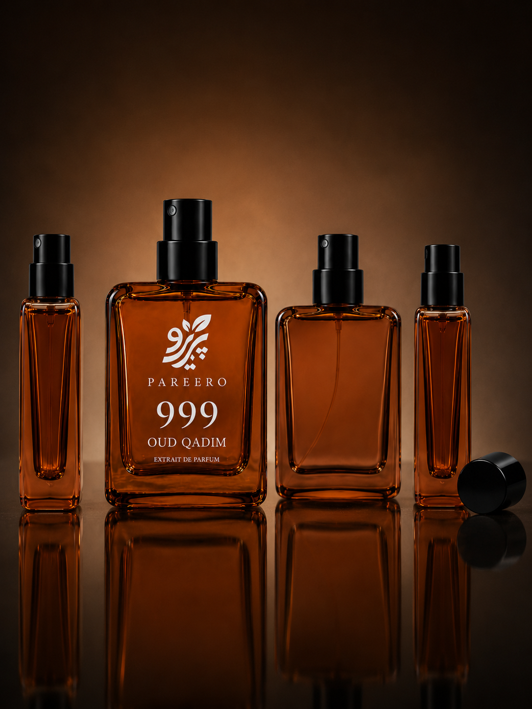 Pareero 999 Oud Qadim bottle character sheet showing front, back and side views with black spray cap