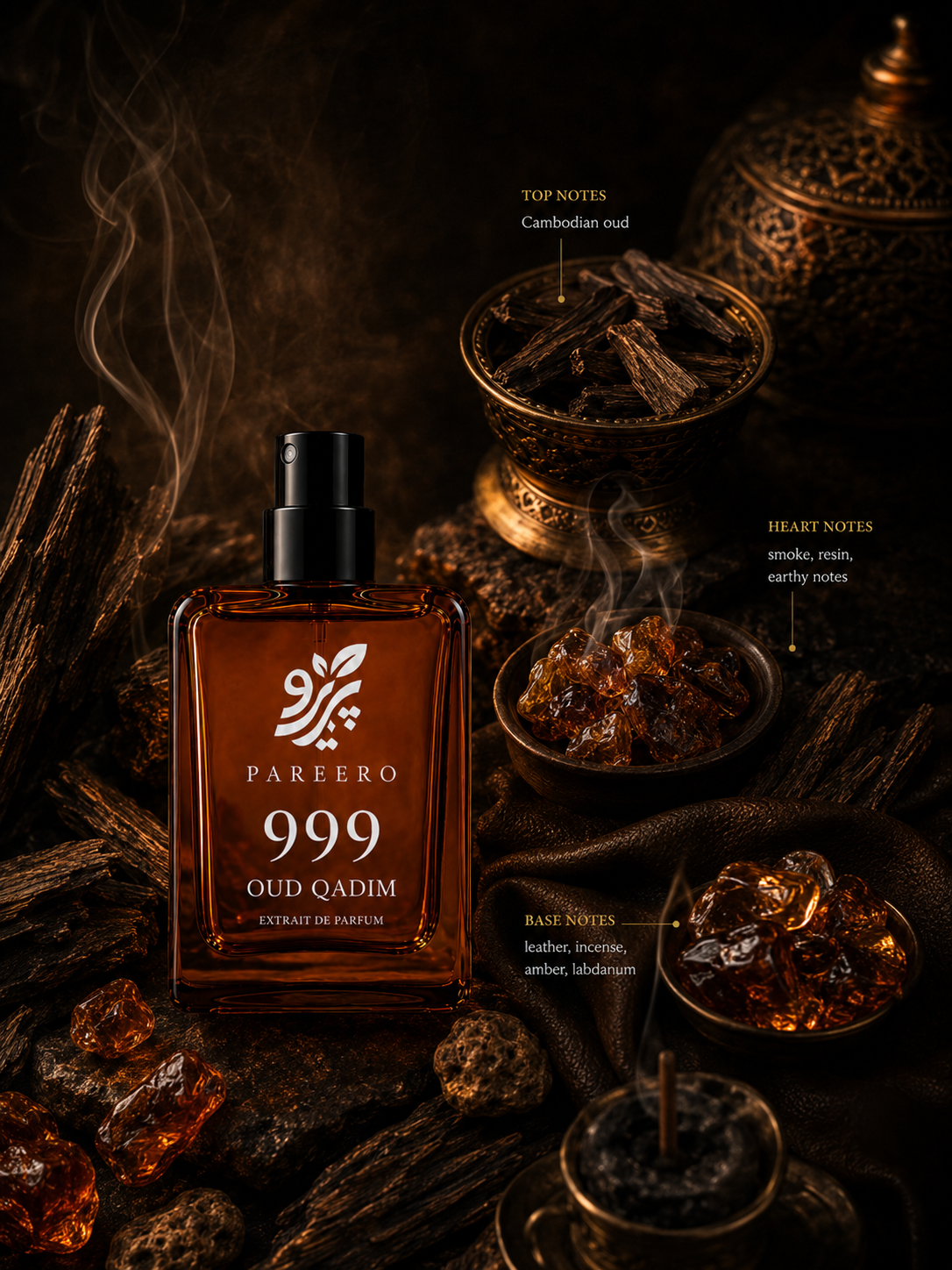 Pareero 999 Oud Qadim fragrance notes infographic with Cambodian oud, smoke, resin, leather, incense, amber and labdanum
