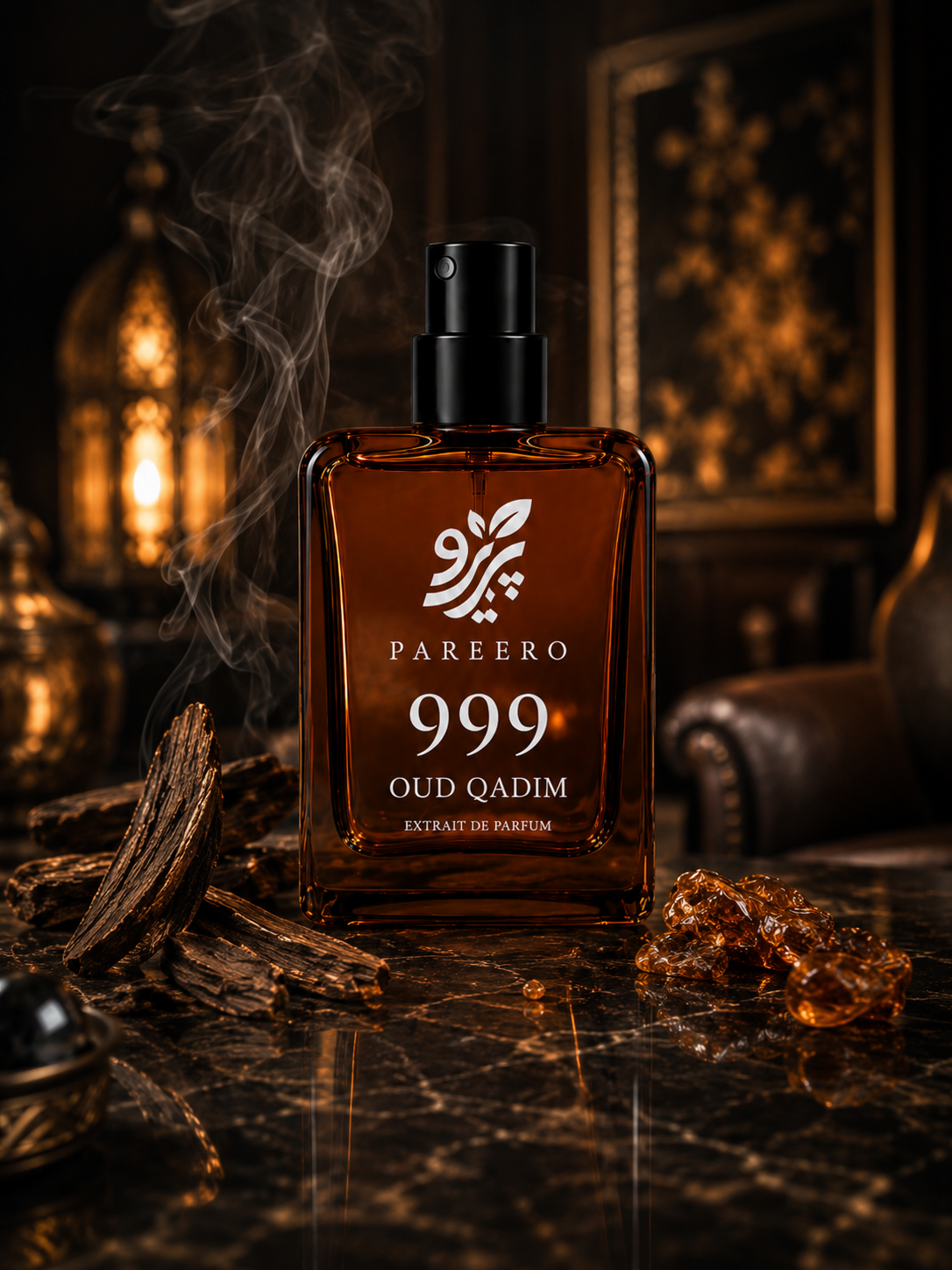 Pareero 999 Oud Qadim extrait de parfum in a dark luxurious lounge with oud wood, amber resin and incense smoke