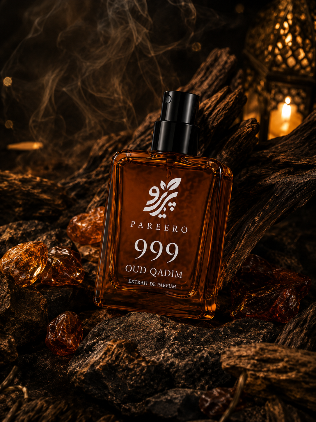 Pareero 999 Oud Qadim extrait de parfum angled among dark oud wood, amber resin and incense smoke